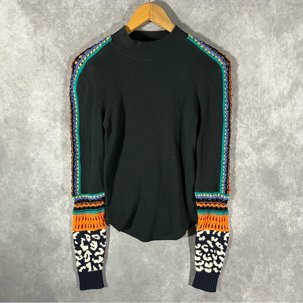 Free People Thermal Womens S/ P Black Henley Switch it Up Top Knit Cuffs Top